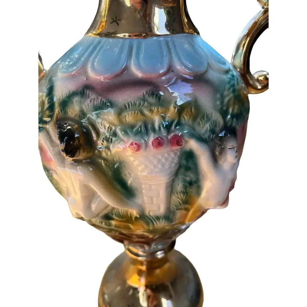 Vintage Vase Made in Italy Cherub 3d Gold Handles Hand Decorated White Elegant